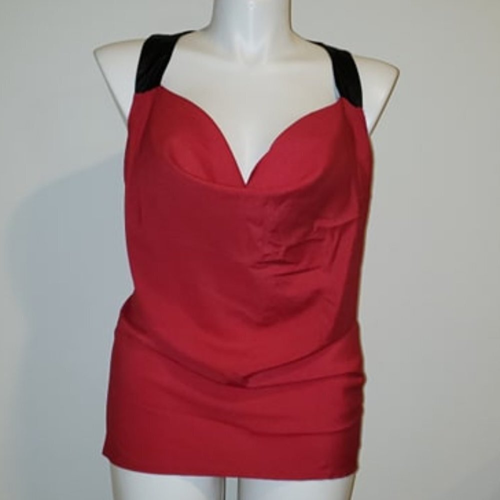 Dots Red Cowl Neck Tank Top with Black Pleather Straps
